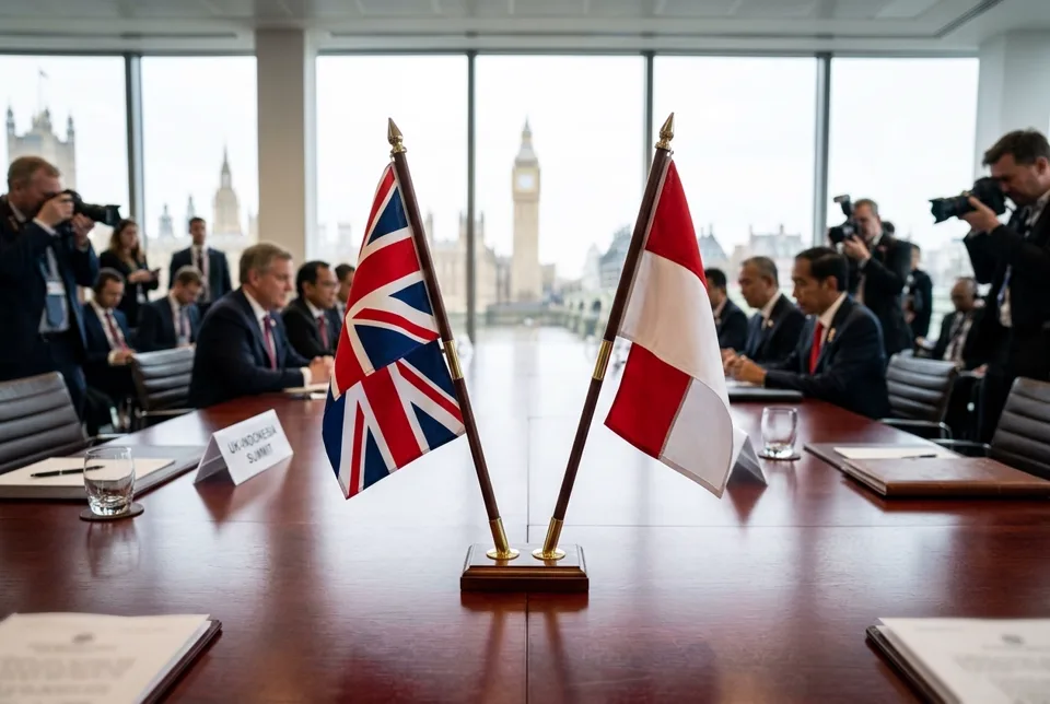 UK Union Jack and Indonesian flags at diplomatic strategic partnership summit