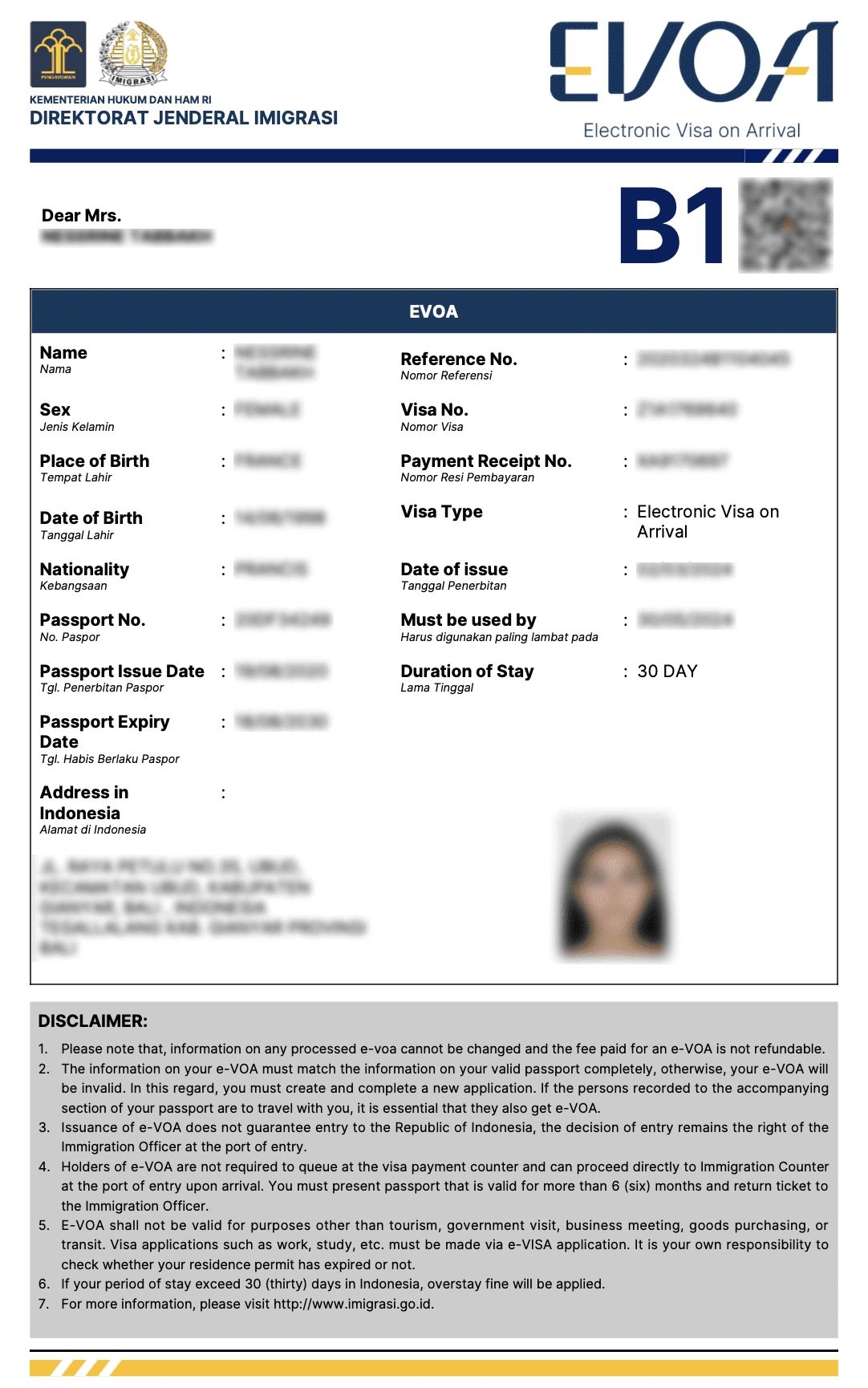 Sample Indonesia B1 e-Visa Format for United States Citizens