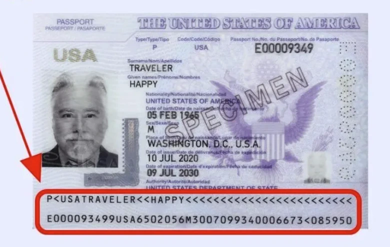 Specimen of a United States Passport Data Page required for Indonesia Visa upload